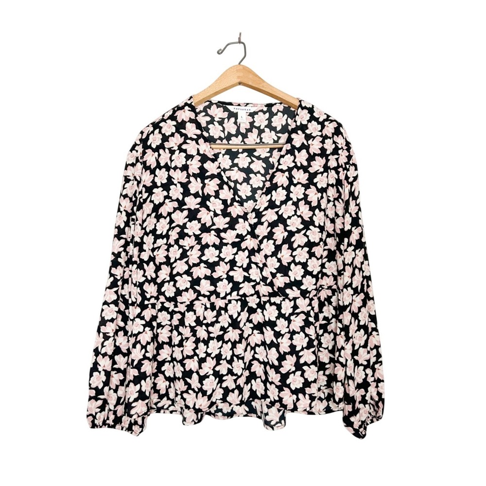 Popsugar Womens Cherry Blossom Floral Print Wrap Style Peplum Hem Blouse Large L